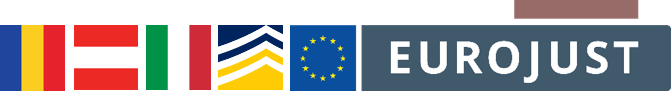 Flags of Romania, Austria, Italy, logo of Europol and Eurojust